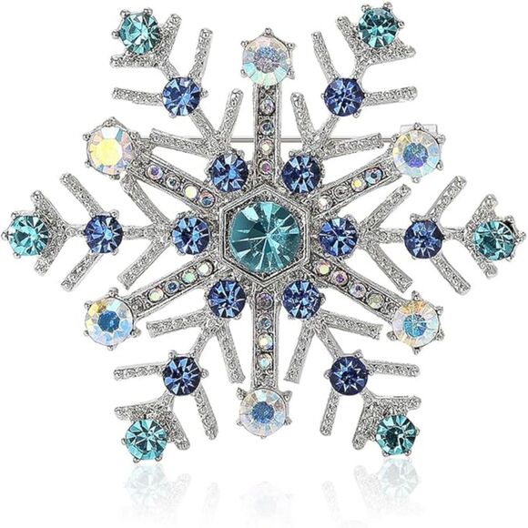 Women Rhinestone Snowflake Brooch Crystal Winter Snowflake Brooch Pin Blue - Picture 1 of 6
